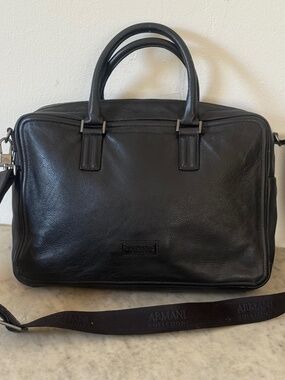 Armani Collezioni Leather Briefcase Laptop Bag Black Messenger Business Bag
